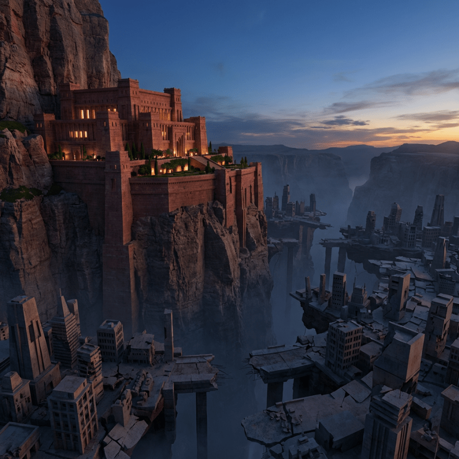 Large fortress with lit windows perched on cliff beside broken city ruins at sunset
