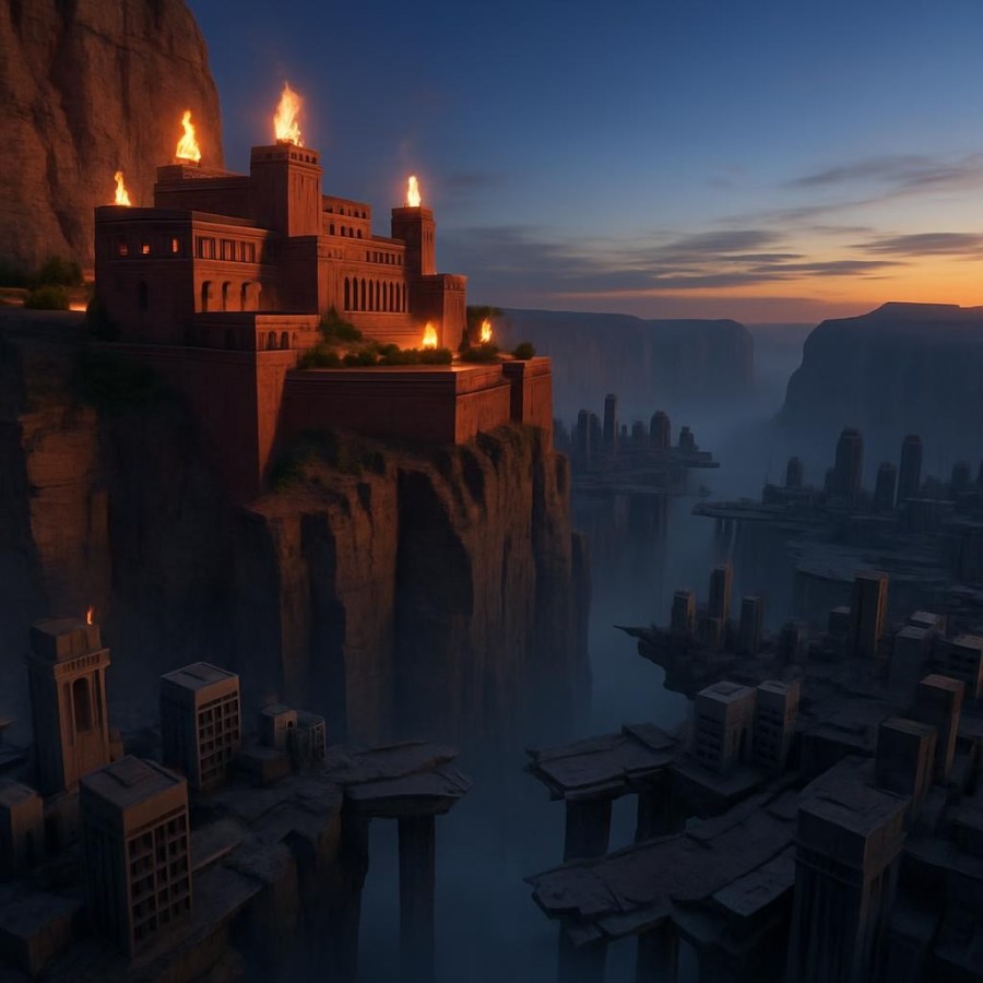Large fortress with lit windows perched on cliff beside broken city ruins at sunset